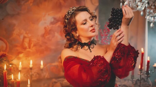 royal person beauty face mystery woman queen hands holding dark blue black bunch of grapes. luxury ball room feast themed party carnival night club, Blonde hair sexy girl victorian old style red dress