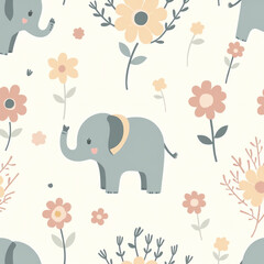 seamless pattern with elephant and flowers