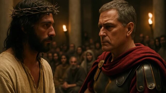 Jesus Christ wearing a crown of thorns faces Pontius Pilate. A dramatic close-up of the biblical trial and judgment. The Passion of Christ historical reenactment