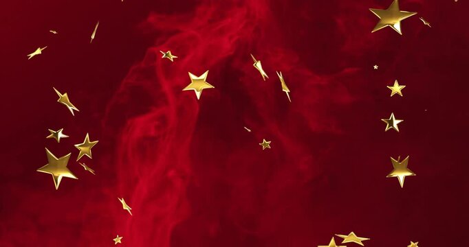 Gold five-pointed stars entering from top, drifting and rotating over red smoke to form parallax