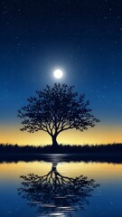 A serene nighttime landscape with a full moon shining above a tree by a body of water