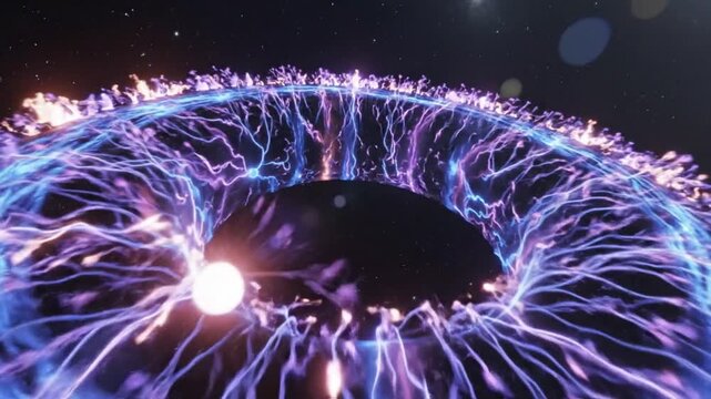 Futuristic animation of a bright ring-shaped energy field with electrical arcs and vibrant particles in deep space
