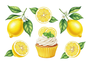 Vibrant yellow whole, halved, sliced lemons, branches with green leaves, white blossoms, and a frosted lemon cupcake, on a transparent background, appetizing culinary illustration concept.