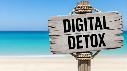 Wooden sign on a beach indicating digital detox