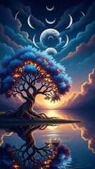 Majestic tree with glowing branches and roots on shore of calm water at sunset with moon phases in cloudy sky