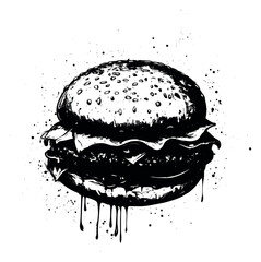 Fototapeta premium Grunge hand drawn illustration of hamburger depicting a messy burger with sauce drips and ink splatters for fast food advertising