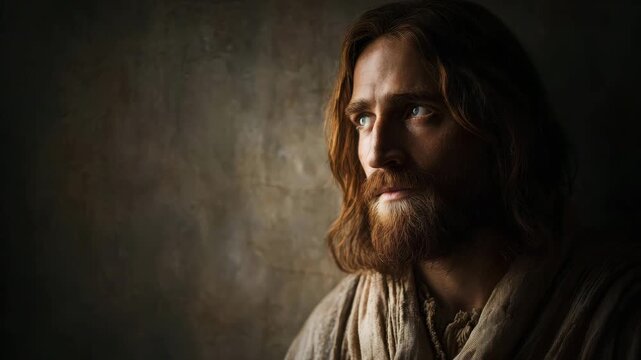 Cinematic portrait of Jesus Christ in deep prayer. A man with a beard and long hair looking up with hope. Faith, spirituality, and christianity concept with copy space