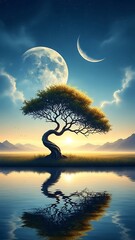 A serene landscape with a twisted tree by a body of water under a moon and crescent moon at sunset