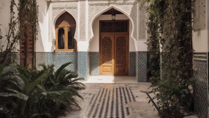 Traditional Moroccan Riad Courtyard with Ornate Archways and Lush Greenery.