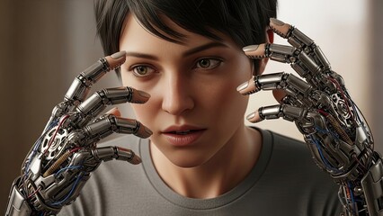 Woman with Robotic Hands Headache.