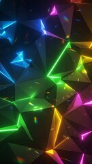 Colorful geometric shapes with neon lights on a dark background with reflections