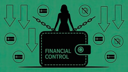 Financial Control: A silhouette of a woman is chained to a wallet labeled “financial control”. Arrows direct flow, visually representing concepts of finance. The scene provokes themes of control.