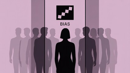 Gender Bias: A solitary silhouette of a person confronts a wall of indistinguishable figures, the word bias hangs heavy above, representing discrimination and prejudice.