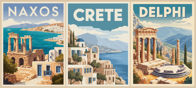 Vintage-style travel poster triptych featuring Naxos, Crete, and Delphi, with ancient ruins and island architecture in a 1950s retro Greek aesthetic.
