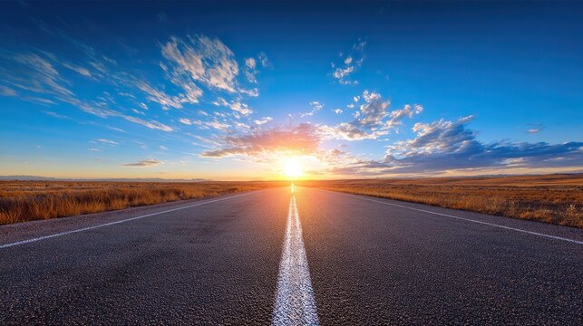 Empty road stretches toward horizon with bright sun setting ahead, symbolizing new beginnings and journey to success through vast uncharted landscapes from eye-level perspective