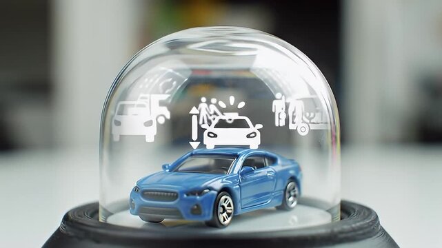 Blue Miniature Sports Car Protected Under Clear Dome With White Icons Showing People And Vehicles Indicating Safety And Security In A Studio Setting With Soft Lighting