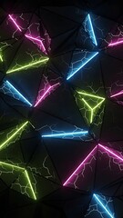 Neon colored triangular shapes with lightning on black geometric polygonal background