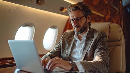 Businessman Working on Laptop Inside Private Jet. - Powered by Adobe
