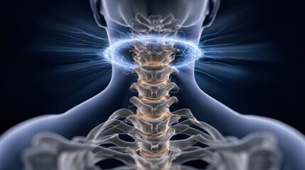 Medical illustration of vertebrae and spinal cord with exaggerated halo effect to depict nerve compression in cervical stenosis.