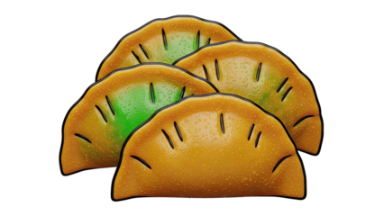 Four Pan-Fried Dumplings with Green Filling and Water Droplets