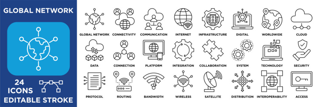 Global network icon collection set. Containing connectivity, cloud, internet, data, infrastructure, security, and systems. outline vector