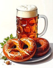 A classic still-life showcases a large beer stein overflowing with foam alongside pretzels and fresh herbs. A simple, inviting setup