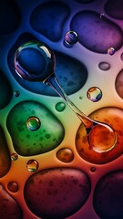 Closeup of colorful oil droplets on water surface with rainbow hues and bubbles floating  science and nature concept