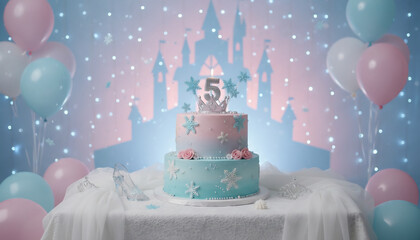 Pastel fantasy birthday cake with number five topper, fairytale castle backdrop, soft balloons and dreamy lighting, celebrating a child&rsquo;s fifth birthday in a magical atmosphere.
