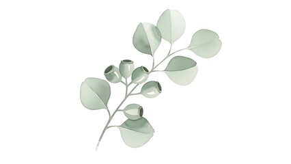 Elegant green eucalyptus branch with buds and elongated leaves perfect for botanical or natural design themes