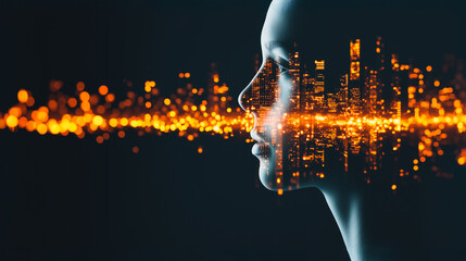 Artificial Intelligence and Data Visualization Concept. Profile silhouette of human head merged with city skyline and glowing data stream