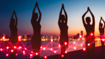 Abstract Silhouette of Women Practicing Yoga at Sunset with Digital Network Overlay, Wellness and Technology Concept