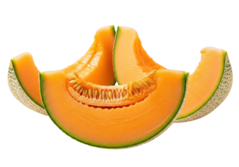 Three vibrant, juicy cantaloupe melon slices with rich orange flesh and green netted rind, on a transparent background with copy space. Concept of fresh fruit and healthy eating
