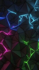 Neonlit polygonal geometric pattern with colorful lines and triangles on a dark surface