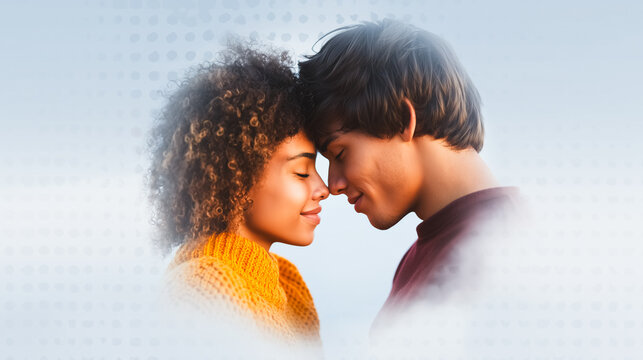 Young diverse couple touching foreheads showing deep affection against a dreamy light background