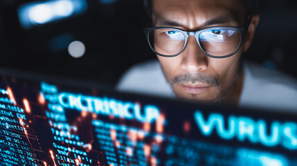 Intense Programmer Working Late Night on Cyber Security Crisis and Data Analysis