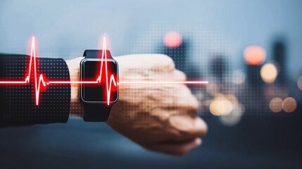 Smartwatch Heart Rate Monitoring on Wrist with Futuristic City Background