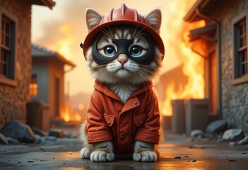 Brave firefighter cat character in emergency fire scene