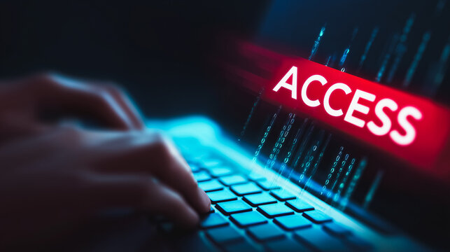 Digital Access Security, Person Typing on Laptop Keyboard with 'ACCESS' Screen Alert - Powered by Adobe