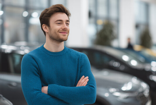 Confident young man smiling and standing with arms crossed in a car dealership, happy customer or salesman in a modern showroom for automotive sales and transport ownership