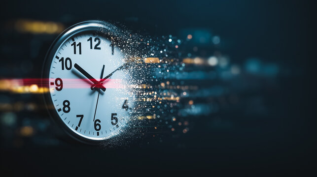 Fast Moving Time. Clock Disintegrating into Pixels and Dust