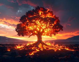 A burning tree, its fiery foliage and roots, stands against a dramatic sunset and mountainous landscape