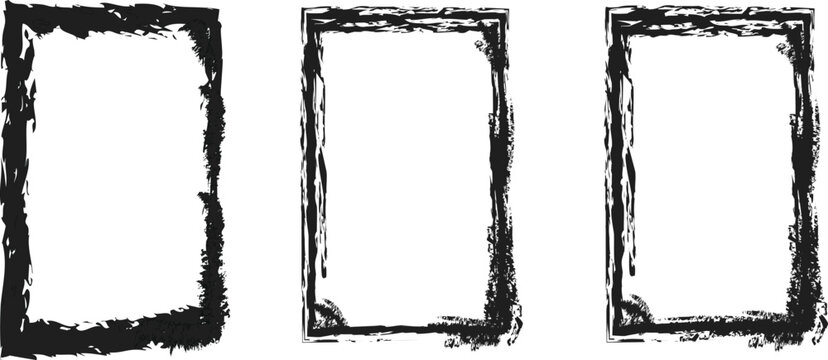 Set of three black grunge textured rectangular frames with rough hand-drawn ink edges isolated on white background for vintage design.