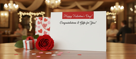 Elegant Valentine&rsquo;s Day greeting card on a restaurant table with red rose and gift, creating a romantic atmosphere for love messages, celebrations and special occasions.