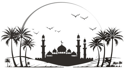 Mosque with palm trees and crescent moon isolated on white background isolated on white background, Vector, illustration