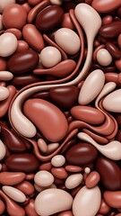 Red and pink jelly beans in various shapes and sizes are piled high together