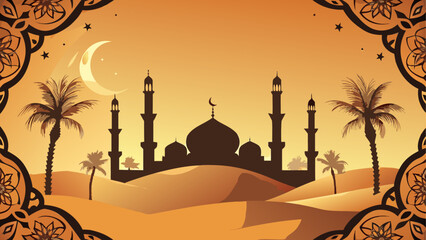 Mosque in desert landscape isolated on white background isolated on white background, Vector, illustration © Osman