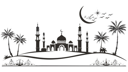 Islamic mosque silhouette with palm trees isolated on white background isolated on white background, Vector, illustration © Osman