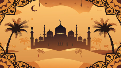 Illustrated mosque in desert landscape, isolated on white background isolated on white background, Vector, illustration © Osman