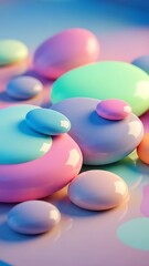 Pastel colored stones and pebbles on reflective surface in various sizes and shapes