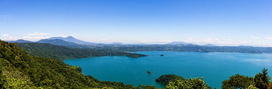 Panoramic Landscape of Lake Surrounded by Lush Green Forest and Mountains. Ilopango Lake, El SAlvador